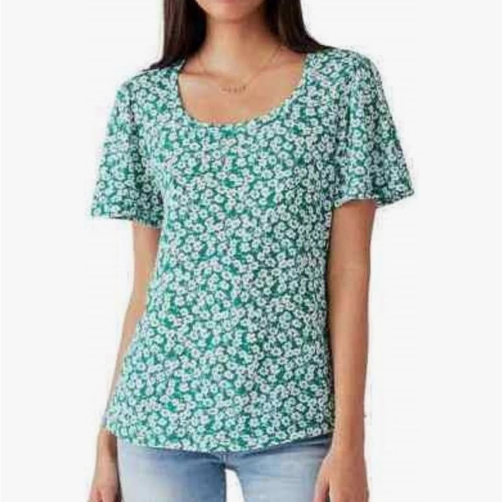 Lucky Brand Green Floral Short Sleeve Scoop Neck Top